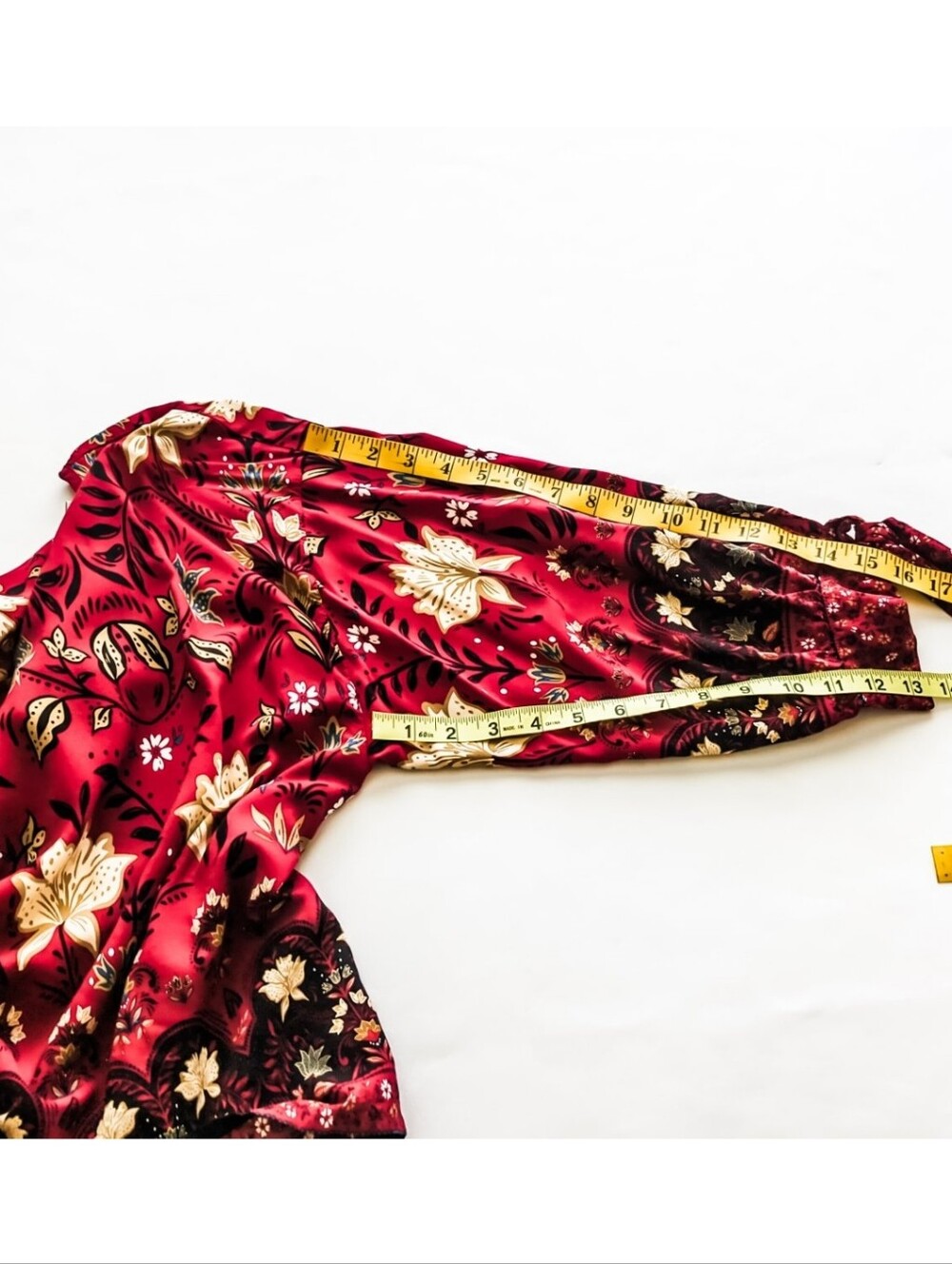 Loft Red w Cream Brown Black Floral Long Sleeve Tie Cuffs Pullover Top Size XL - Picture 6 of 9